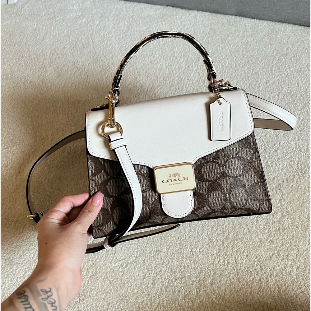 White and Brown Signature Coach Bag with snakeskin detail (Top handle/Crossbody)